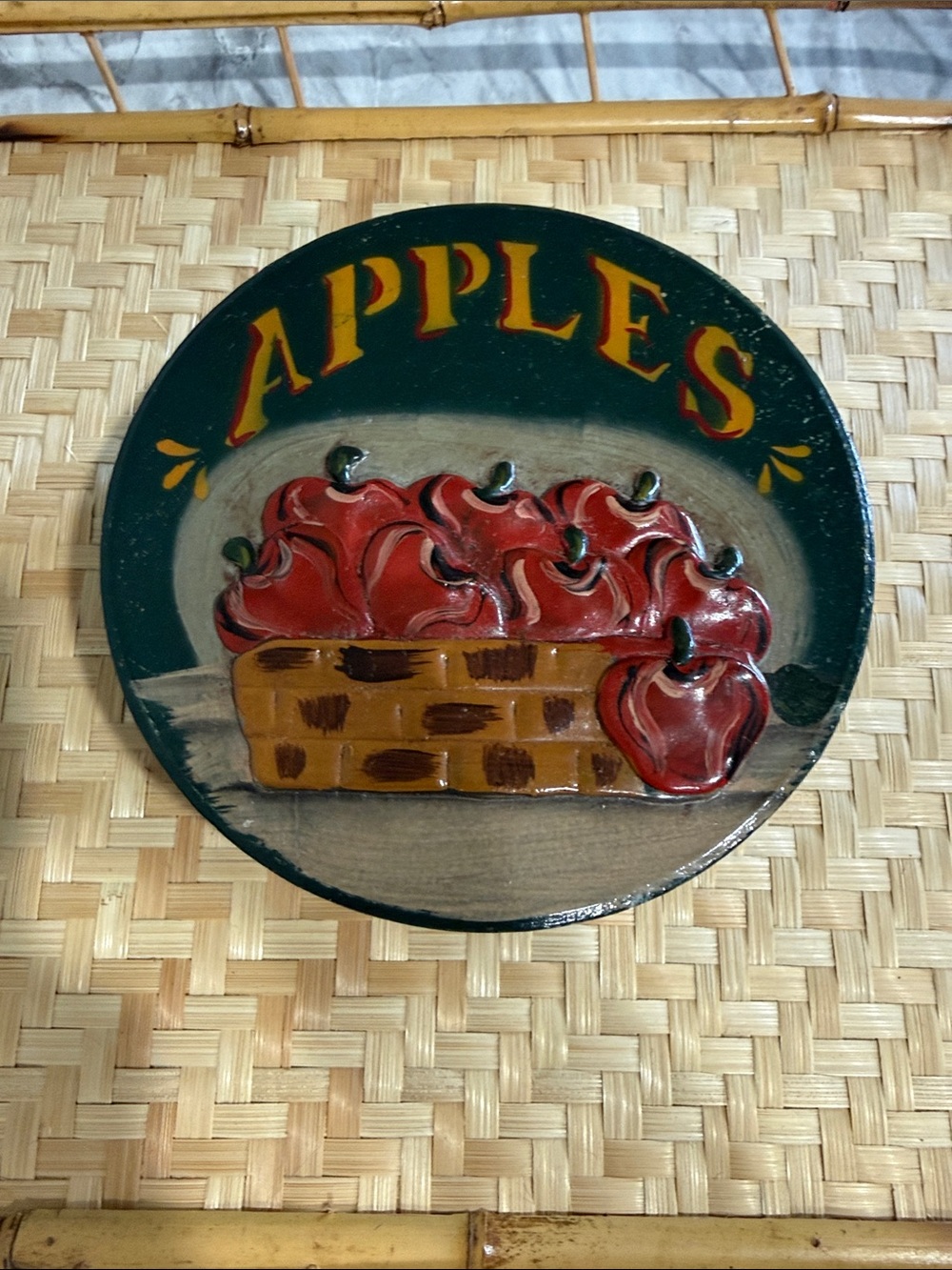 Vintage Hand Painted Apple Round Box 3D Fruit Kitchen Farmhouse Decor